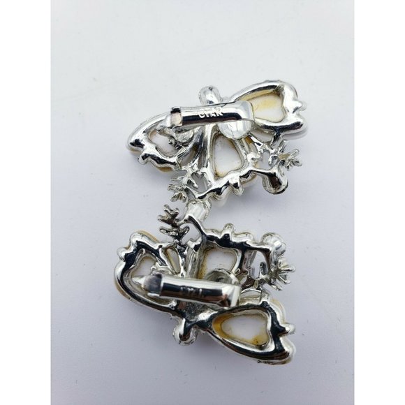 VTG Star Signed Latice White Butterfly Silver Tone  W/ Crystals Clip On Earrings - Picture 4 of 5